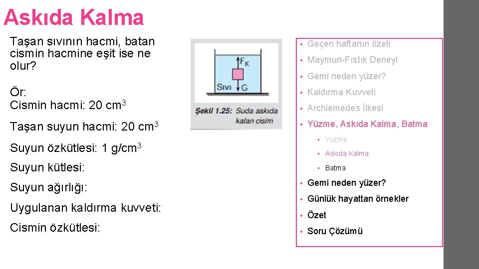 Askıda Kalma Taşan sıvının hacmi, batan cismin hacmine eşit ise ne olur? • Geçen Askıda Kalma Taşan sıvının hacmi, batan cismin hacmine eşit ise ne olur? • Geçen