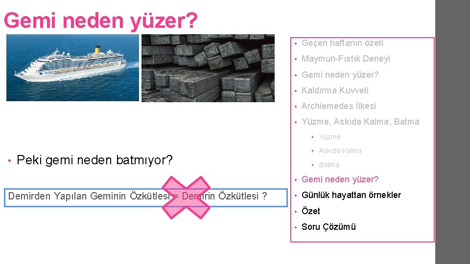 Gemi neden yüzer? • Geçen haftanın özeti • Maymun-Fıstık Deneyi • Gemi neden yüzer? Gemi neden yüzer? • Geçen haftanın özeti • Maymun-Fıstık Deneyi • Gemi neden yüzer?