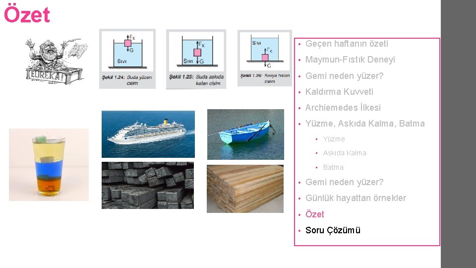 Özet • Geçen haftanın özeti • Maymun-Fıstık Deneyi • Gemi neden yüzer? • Kaldırma Özet • Geçen haftanın özeti • Maymun-Fıstık Deneyi • Gemi neden yüzer? • Kaldırma