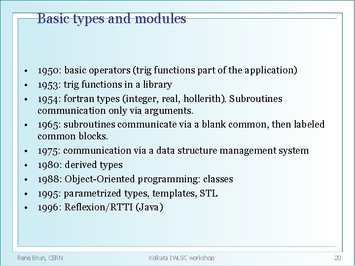 Basic types and modules • 1950: basic operators (trig functions part of the application)