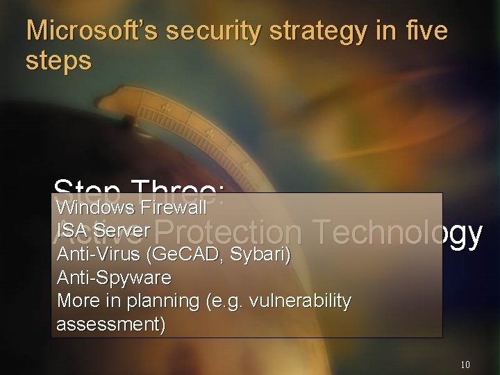 Microsoft’s security strategy in five steps Step Three: Windows Firewall ISA Server Protection Technology