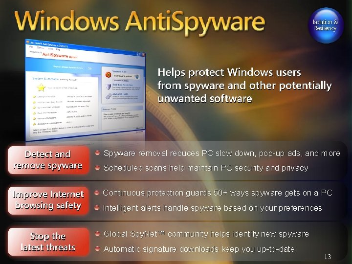 Spyware removal reduces PC slow down, pop-up ads, and more Scheduled scans help maintain