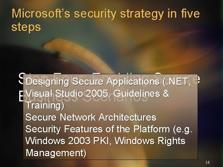 Microsoft’s security strategy in five steps Step Four: Enabling Secure Designing Secure Applications (.