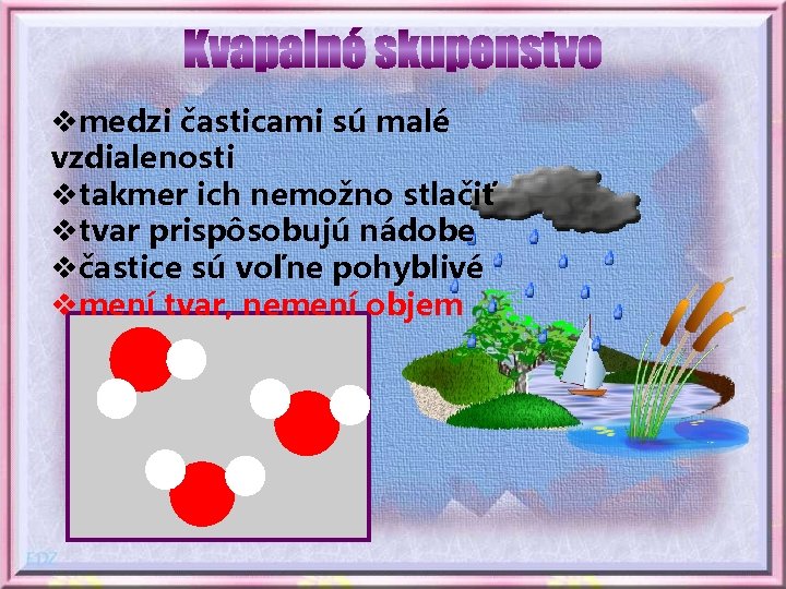 vmedzi časticami sú malé vzdialenosti vtakmer ich nemožno stlačiť vtvar prispôsobujú nádobe včastice sú