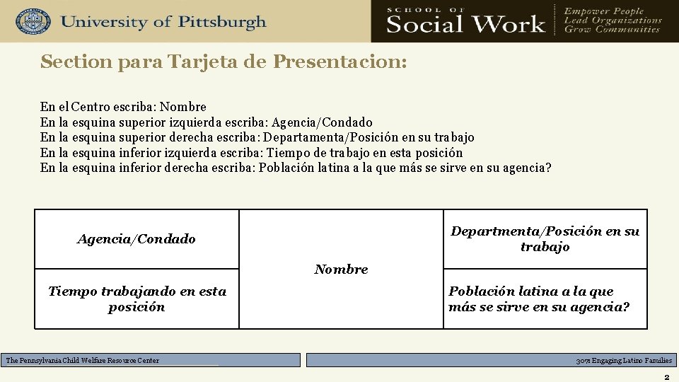 Section para Tarjeta de Presentacion: En el Centro escriba: Nombre En la esquina superior