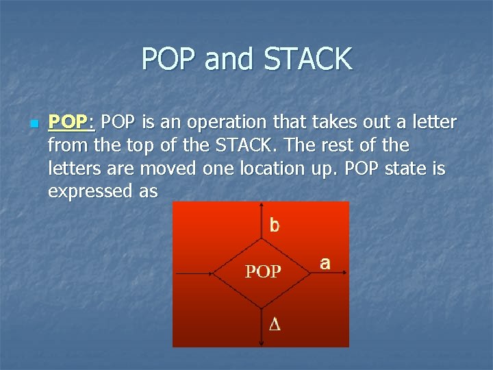 POP and STACK n POP: POP is an operation that takes out a letter