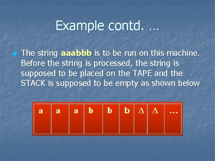 Example contd. … n The string aaabbb is to be run on this machine.