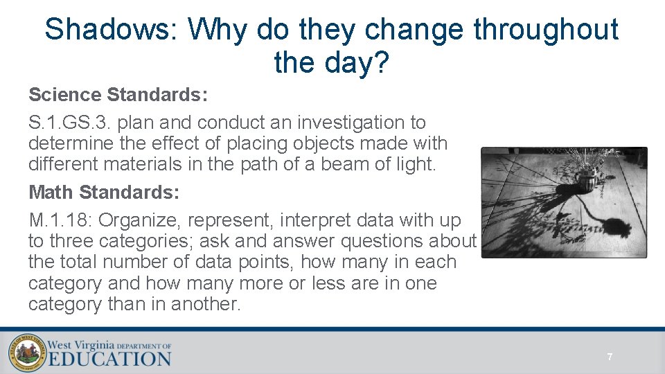 Shadows: Why do they change throughout the day? Science Standards: S. 1. GS. 3.