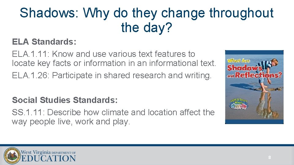 Shadows: Why do they change throughout the day? ELA Standards: ELA. 1. 11: Know