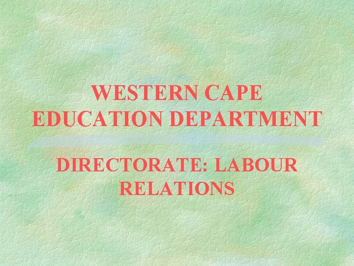WESTERN CAPE EDUCATION DEPARTMENT DIRECTORATE: LABOUR RELATIONS 
