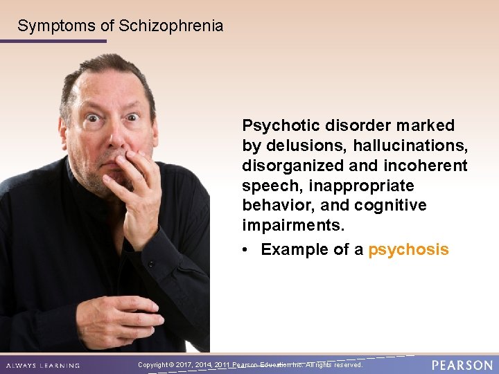 Symptoms of Schizophrenia Psychotic disorder marked by delusions, hallucinations, disorganized and incoherent speech, inappropriate