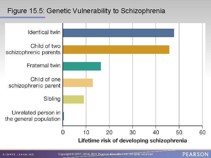 Figure 15. 5: Genetic Vulnerability to Schizophrenia Copyright © 2017, 2014, 2011 Pearson Education