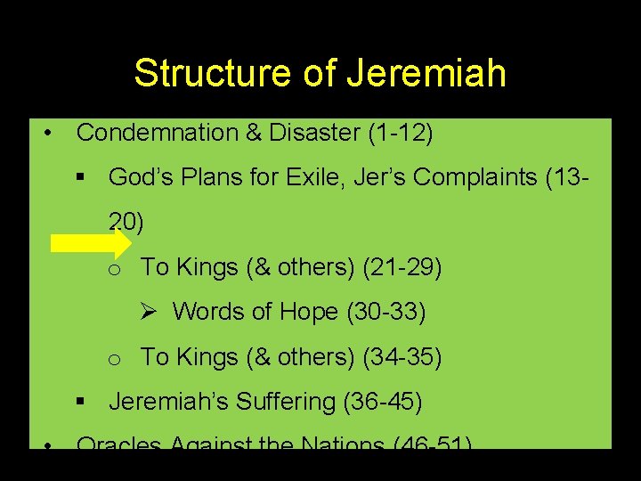 Structure of Jeremiah • Condemnation & Disaster (1 -12) § God’s Plans for Exile,