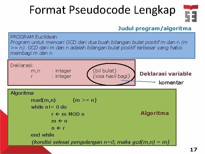 Format Pseudocode Lengkap Judul program/algoritma PROGRAM Euclidean Program untuk mencari GCD dari dua buah