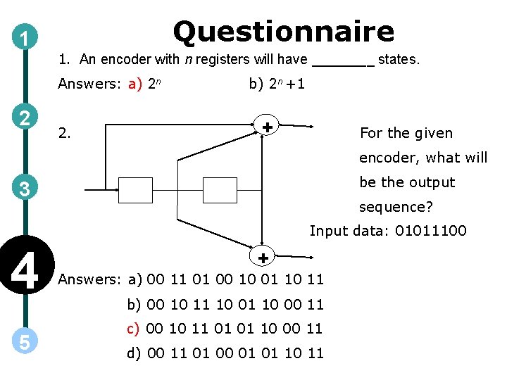 Questionnaire 1 1. An encoder with n registers will have ____ states. Answers: a)