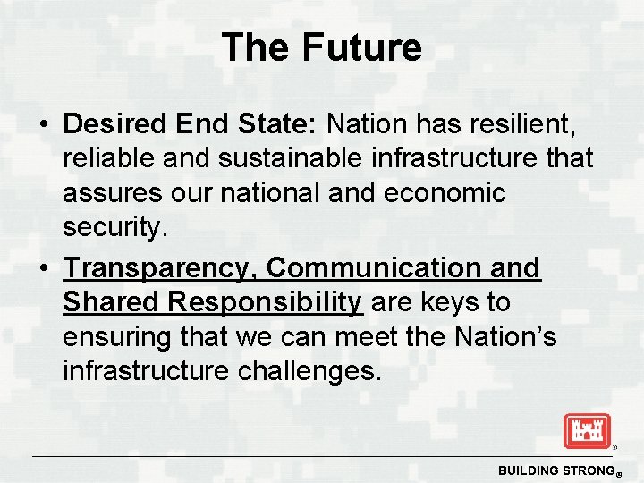 The Future • Desired End State: Nation has resilient, reliable and sustainable infrastructure that