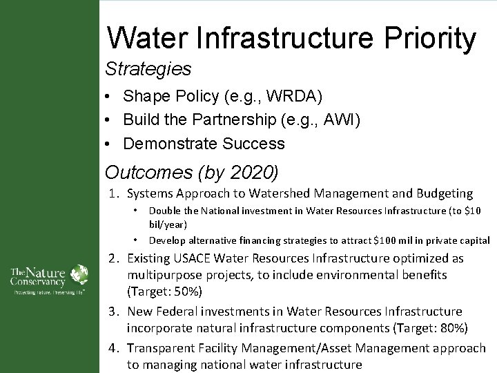 Partnering to advance our Water Infrastructure Priority Nation’s Waterways Strategies • Shape Policy (e.