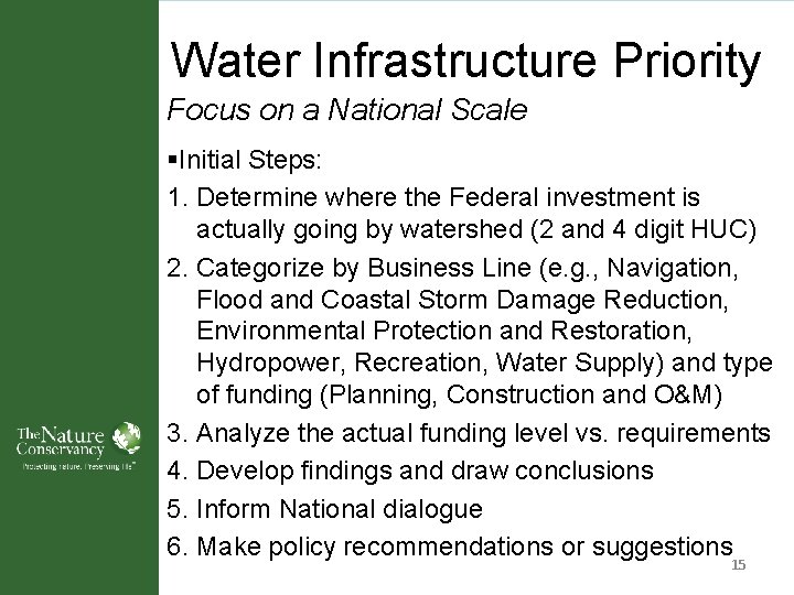 Water Infrastructure Priority Focus on a National Scale §Initial Steps: 1. Determine where the