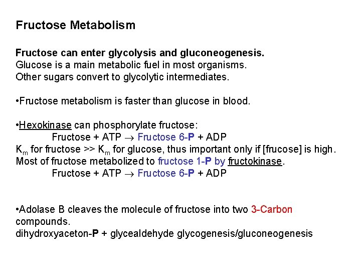 Fructose Metabolism Fructose can enter glycolysis and gluconeogenesis. Glucose is a main metabolic fuel