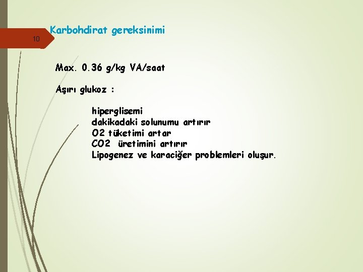 10 Karbohdirat gereksinimi Max. 0. 36 g/kg VA/saat Aşırı glukoz : hiperglisemi dakikadaki solunumu