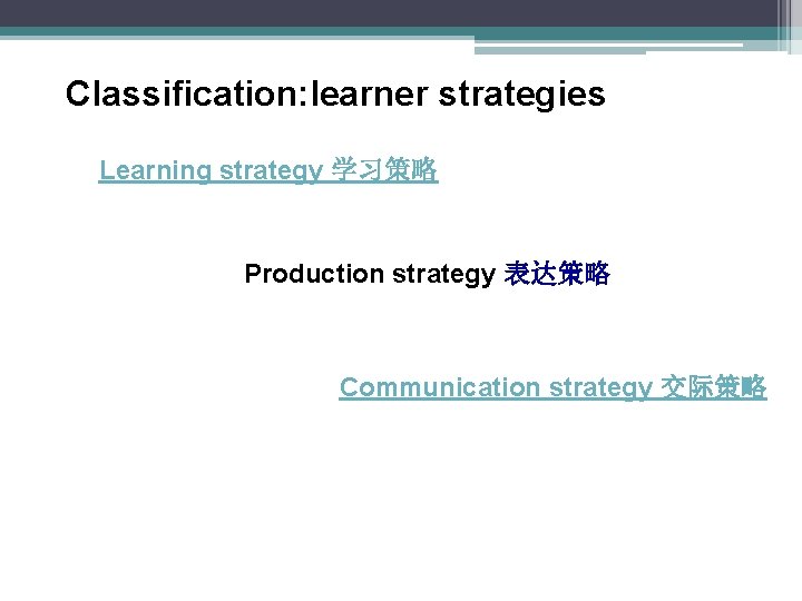 Classification: learner strategies Learning strategy 学习策略 Production strategy 表达策略 Communication strategy 交际策略 