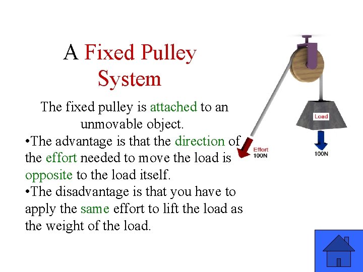 A Fixed Pulley System The fixed pulley is attached to an unmovable object. •