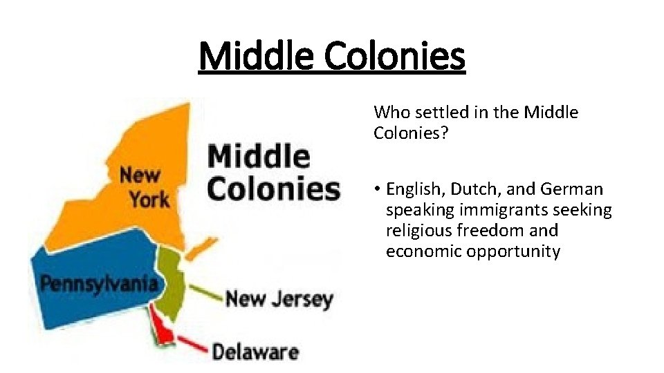 Middle Colonies Who settled in the Middle Colonies? • English, Dutch, and German speaking