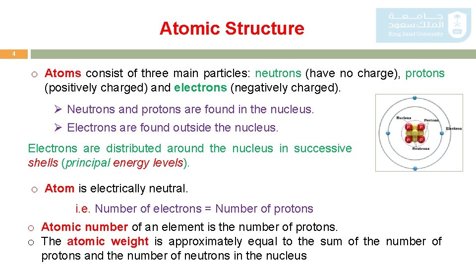 Atomic Structure 4 o Atoms consist of three main particles: neutrons (have no charge),