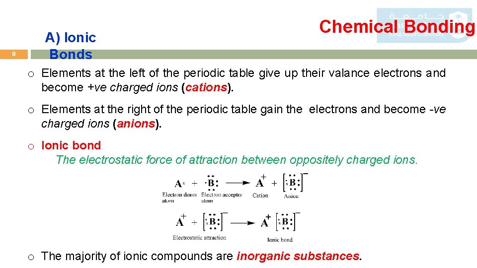 8 A) Ionic Bonds Chemical Bonding o Elements at the left of the periodic