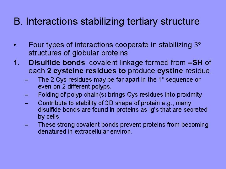 B. Interactions stabilizing tertiary structure • Four types of interactions cooperate in stabilizing 3º