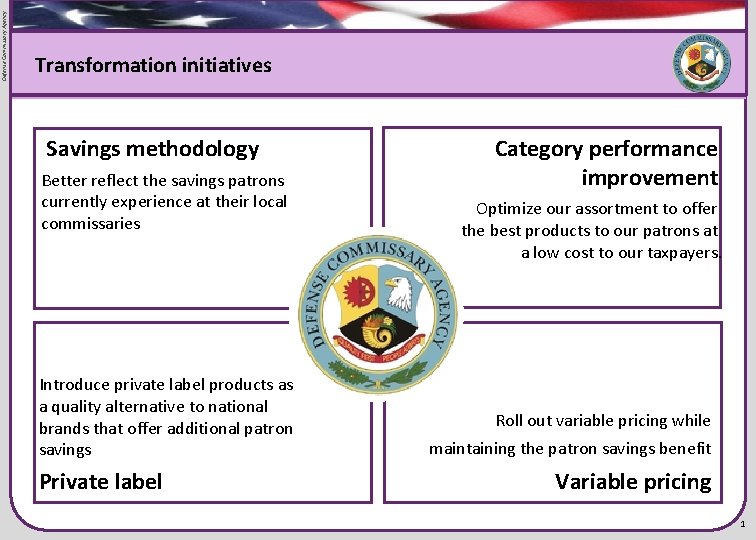 Defense Commissary Agency Flag graphic Transformation initiatives Savings methodology Better reflect the savings patrons Defense Commissary Agency Flag graphic Transformation initiatives Savings methodology Better reflect the savings patrons