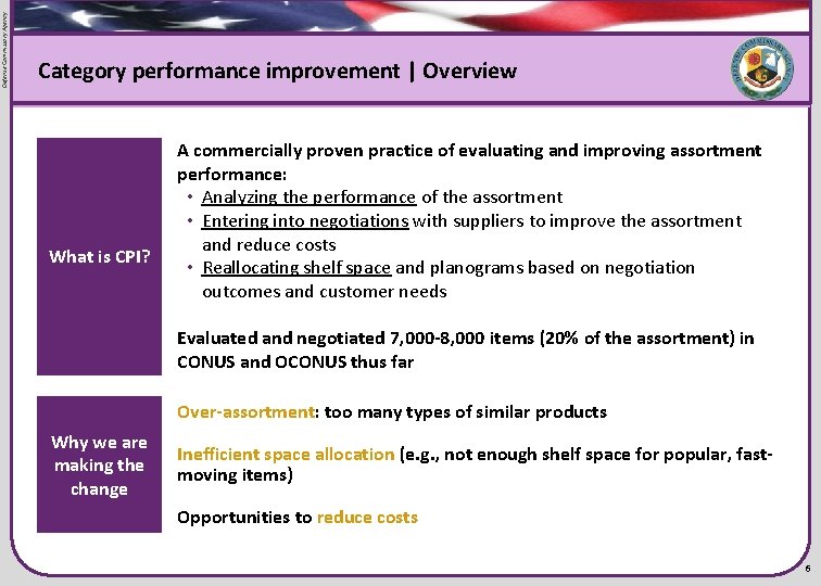 Defense Commissary Agency Flag graphic Category performance improvement | Overview What is CPI? A Defense Commissary Agency Flag graphic Category performance improvement | Overview What is CPI? A