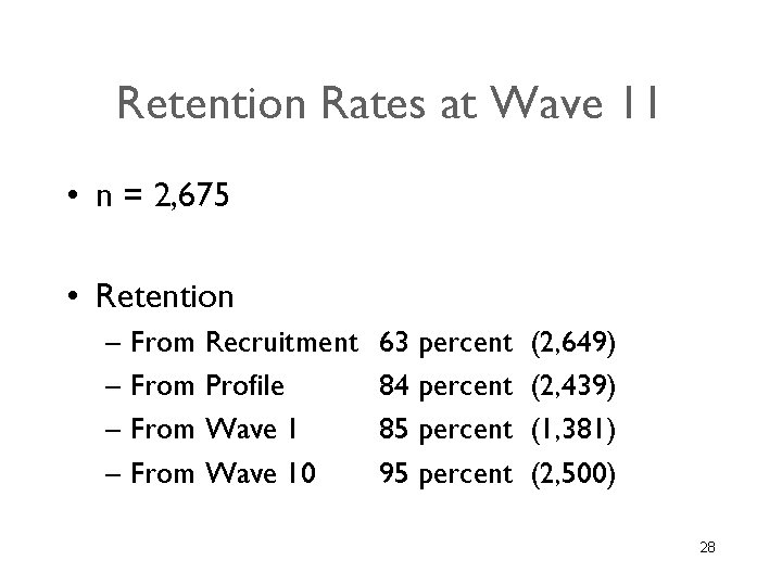 Retention Rates at Wave 11 • n = 2, 675 • Retention – From Retention Rates at Wave 11 • n = 2, 675 • Retention – From