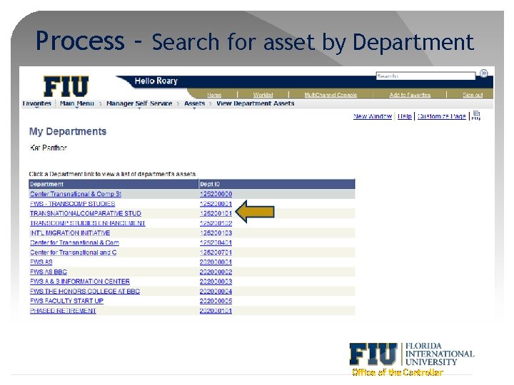 Process – Search for asset by Department Office of the Controller 