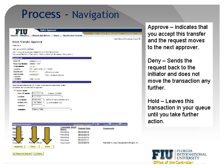 Process - Navigation Approve – indicates that you accept this transfer and the request