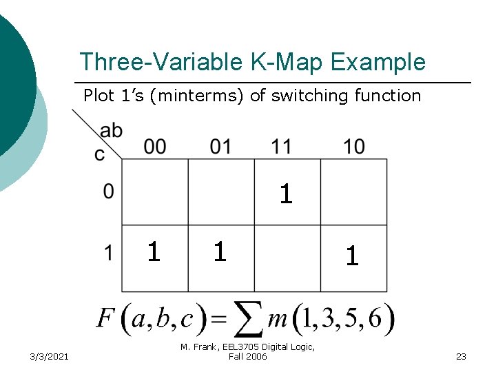 Three-Variable K-Map Example Plot 1’s (minterms) of switching function 1 1 3/3/2021 1 M.