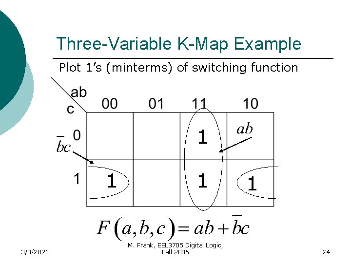 Three-Variable K-Map Example Plot 1’s (minterms) of switching function 1 1 3/3/2021 1 M.