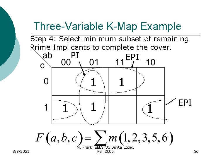 Three-Variable K-Map Example Step 4: Select minimum subset of remaining Prime Implicants to complete