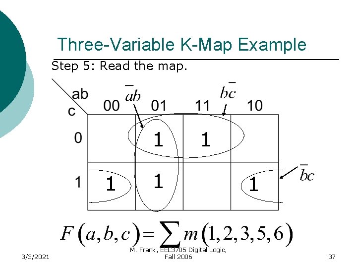 Three-Variable K-Map Example Step 5: Read the map. 1 1 3/3/2021 1 1 M.