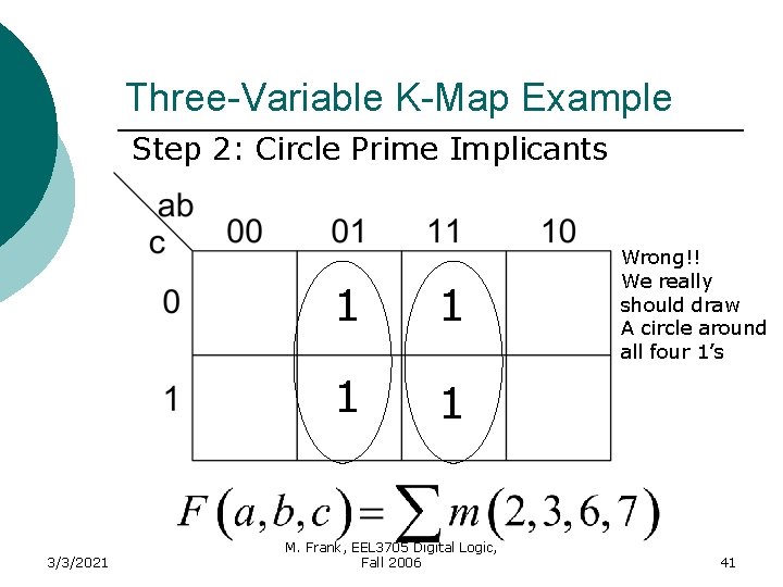 Three-Variable K-Map Example Step 2: Circle Prime Implicants 3/3/2021 1 1 M. Frank, EEL
