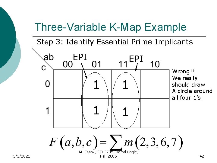 Three-Variable K-Map Example Step 3: Identify Essential Prime Implicants EPI 3/3/2021 EPI 1 1