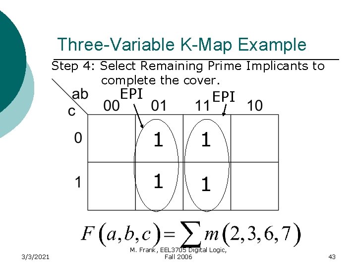 Three-Variable K-Map Example Step 4: Select Remaining Prime Implicants to complete the cover. EPI