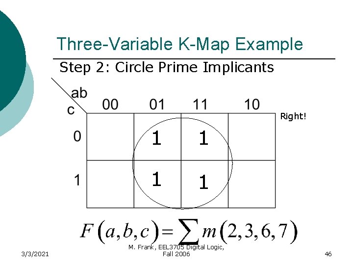 Three-Variable K-Map Example Step 2: Circle Prime Implicants Right! 3/3/2021 1 1 M. Frank,