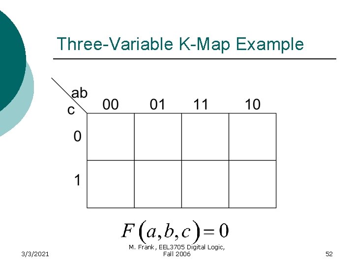 Three-Variable K-Map Example 3/3/2021 M. Frank, EEL 3705 Digital Logic, Fall 2006 52 