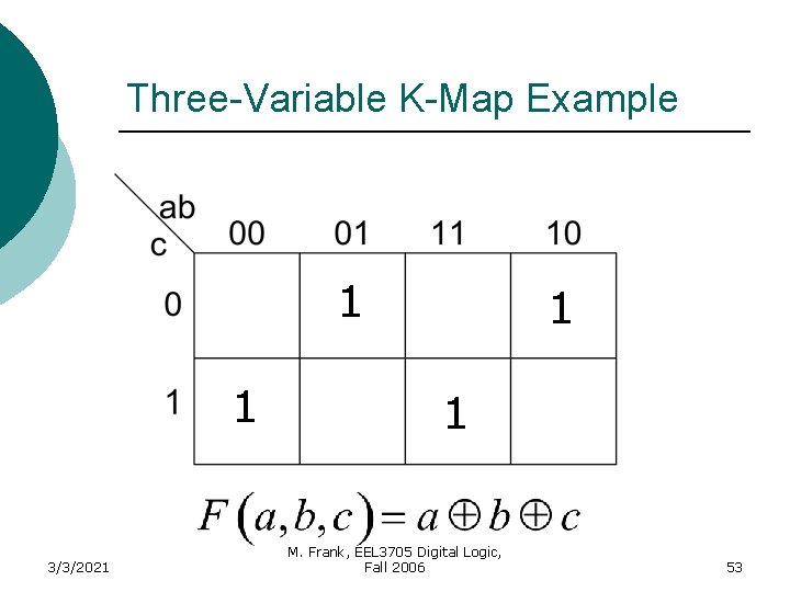 Three-Variable K-Map Example 1 1 3/3/2021 1 1 M. Frank, EEL 3705 Digital Logic,