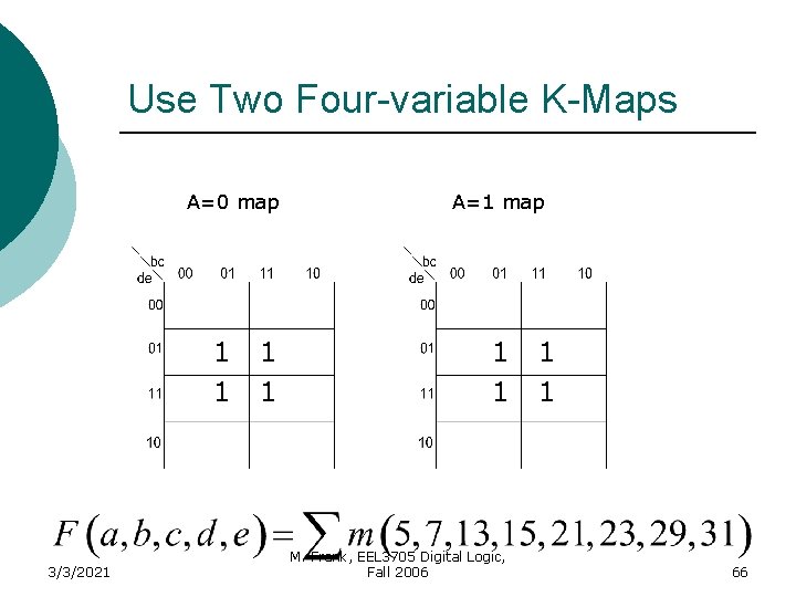 Use Two Four-variable K-Maps A=0 map 1 1 3/3/2021 1 1 A=1 map 1