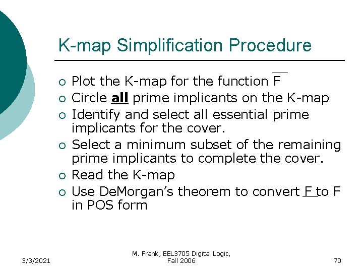K-map Simplification Procedure ¡ ¡ ¡ 3/3/2021 Plot the K-map for the function F