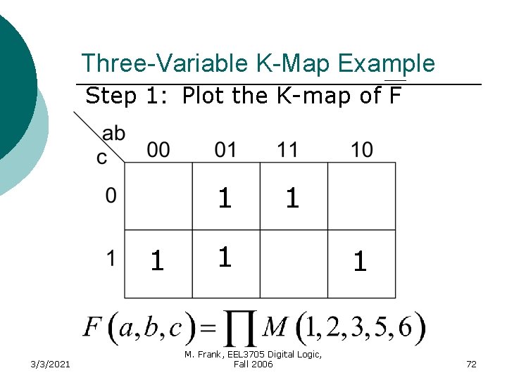 Three-Variable K-Map Example Step 1: Plot the K-map of F 1 1 3/3/2021 1