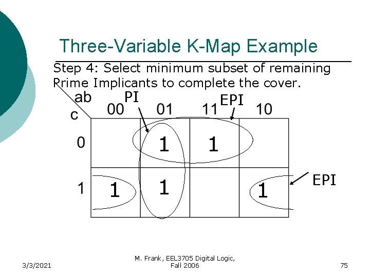 Three-Variable K-Map Example Step 4: Select minimum subset of remaining Prime Implicants to complete