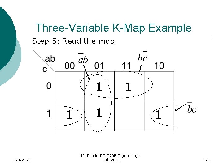 Three-Variable K-Map Example Step 5: Read the map. 1 1 3/3/2021 1 1 M.